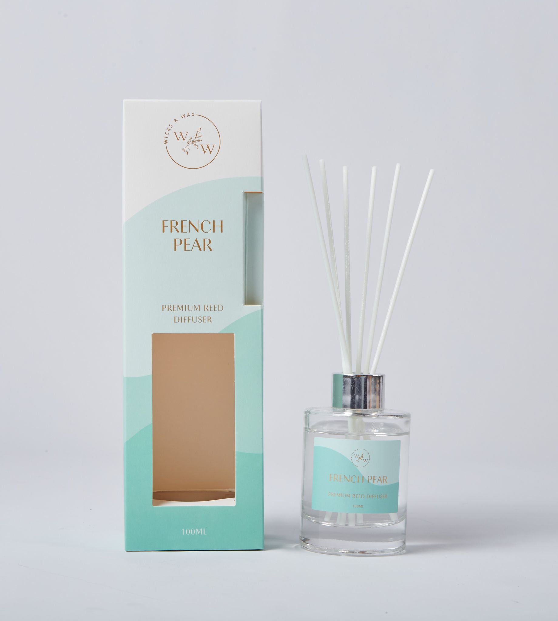 clear glass bottle; silver collar; white reed sticks; mint green and white packaging with gold lettering; 100ml volume indicated;