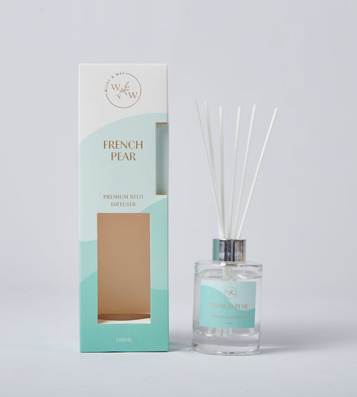 clear glass bottle; silver collar; white reed sticks; mint green and white packaging with gold lettering; 100ml volume indicated;