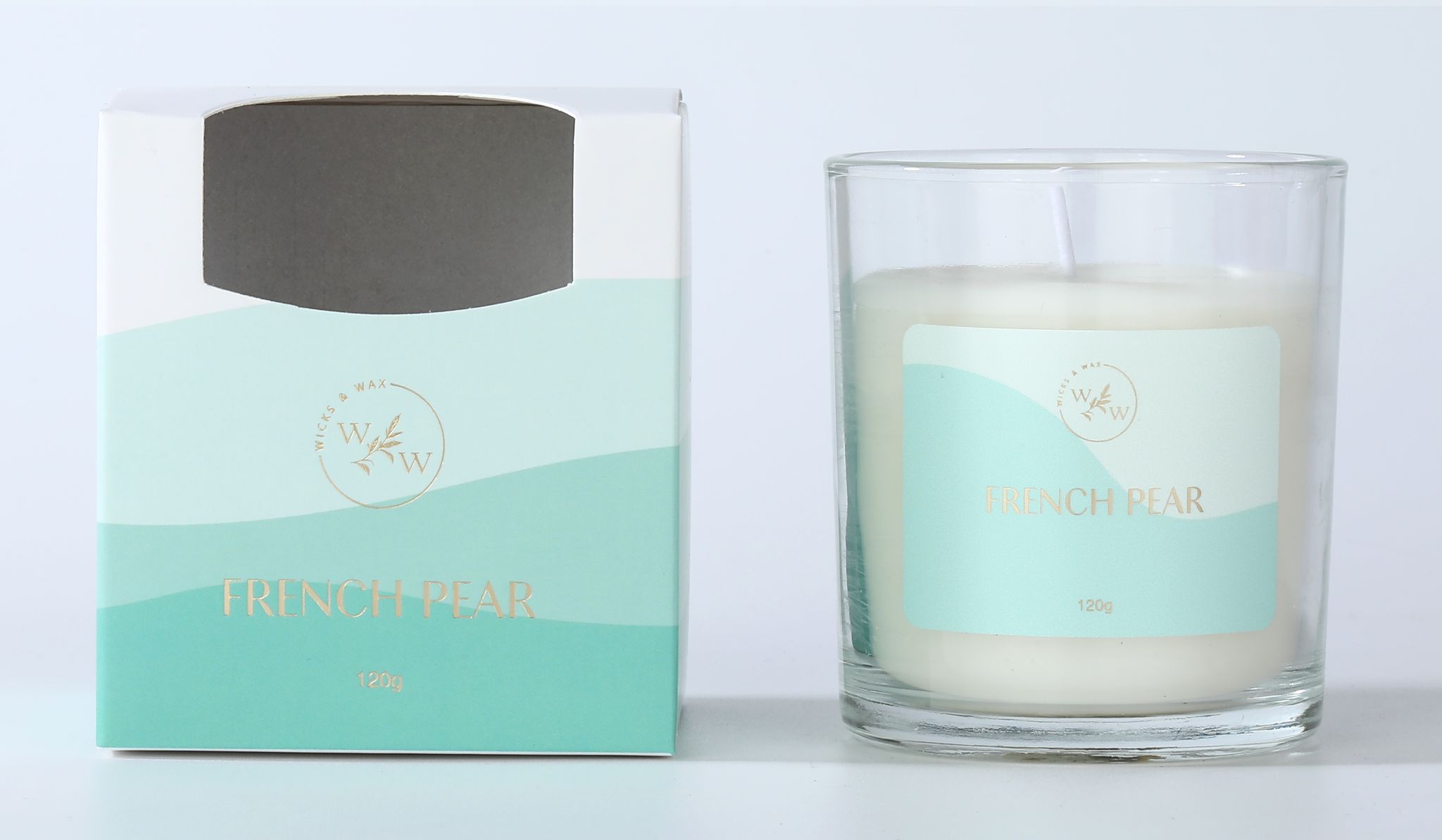clear glass jar; white wax candle; light blue and mint coloured label; gold foil text; white wick;