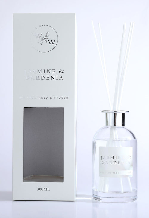 clear round glass bottle; metallic silver collar; white diffuser reeds; white box packaging with silver embossed text;