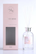 300ml clear glass bottle; silver-coloured collar; white reed sticks; soft pink packaging box with window panel; label with peony rose text;