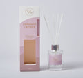 100ml clear glass bottle with silver collar; White diffuser reeds; Pink and white packaging with window; 'Tasmanian Lavender' printed in gold text;