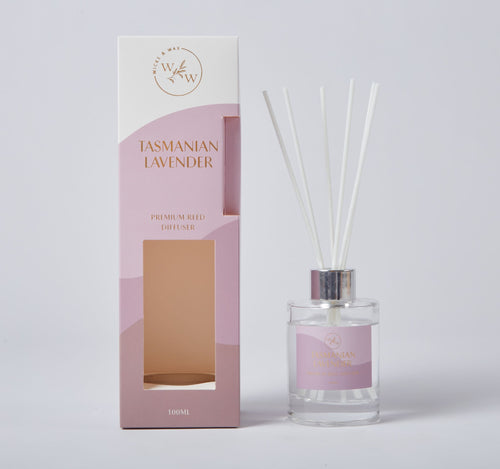 100ml clear glass bottle with silver collar; White diffuser reeds; Pink and white packaging with window; 'Tasmanian Lavender' printed in gold text;