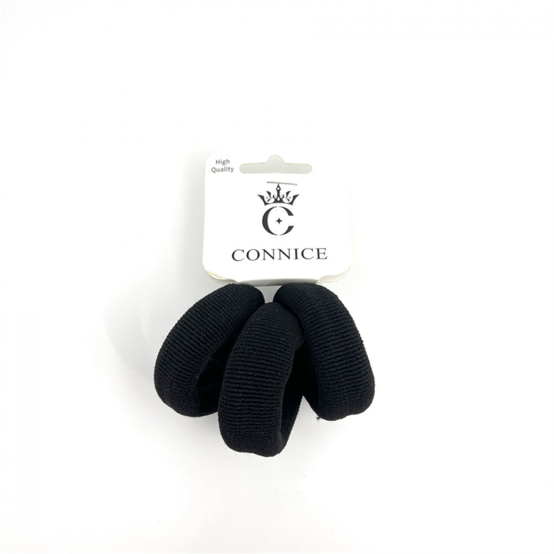 Three thick black elastic hair bands; Ribbed terry-style fabric texture; Mounted on white branded card labelled "Connice"; Simple, minimal black and white packaging;