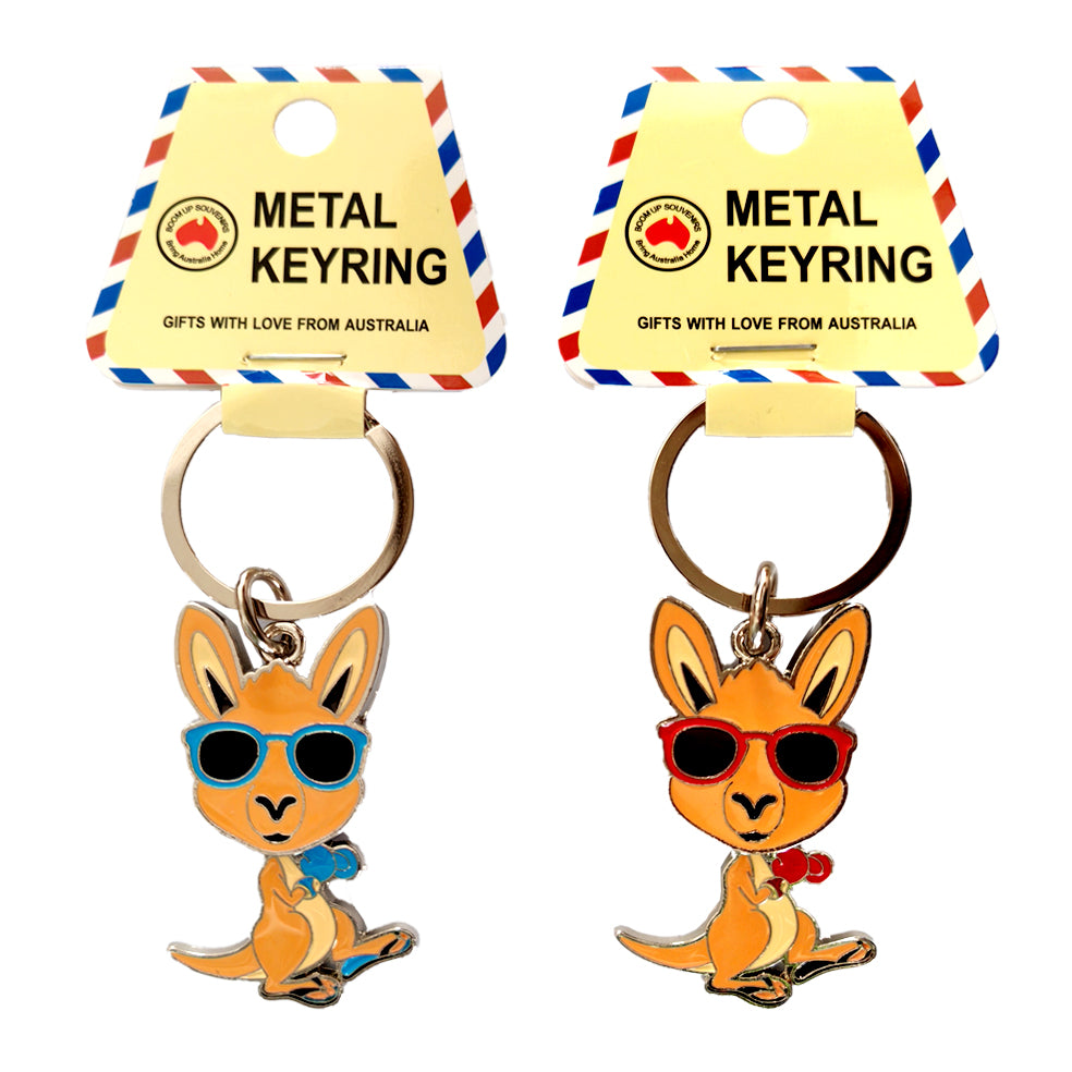 metal keyring with circular ring; kangaroo-shaped charm; kangaroo wears sunglasses; boxing gloves on kangaroo; bright enamel colours;