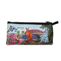 neoprene material pencil case; colourful Australian wildlife design; zipper closure on top; depicts kangaroo, koala, kookaburra, and pink flowers;