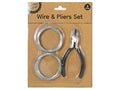two coils of silver wire; black-handled pliers; kraft brown cardboard backing; plastic blister packaging; 3 piece set label;