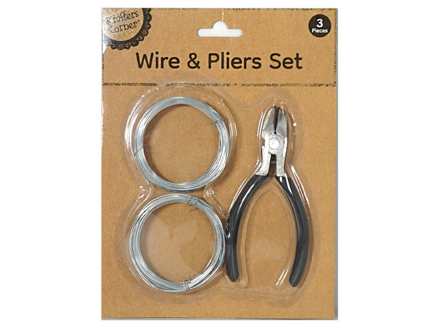 two coils of silver wire; black-handled pliers; kraft brown cardboard backing; plastic blister packaging; 3 piece set label;