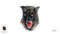 Dark wolf-shaped mask with pointed ears; Grey fur-style detailing around the head; Open mouth with pink and white teeth; Eye openings in the mask;