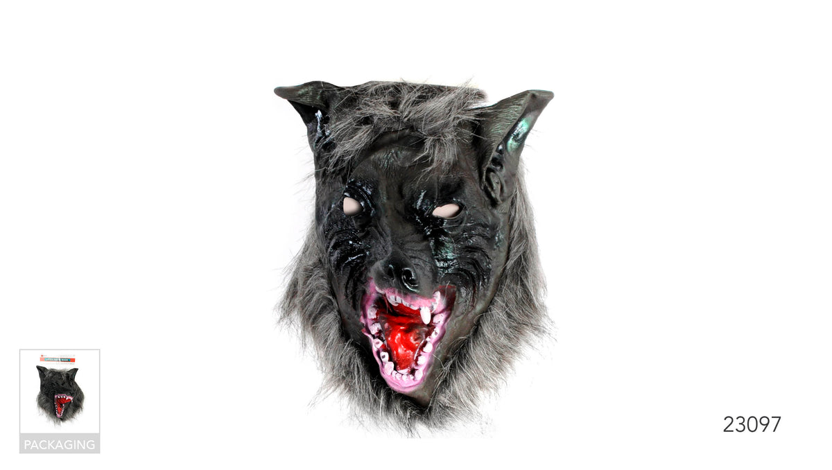 Dark wolf-shaped mask with pointed ears; Grey fur-style detailing around the head; Open mouth with pink and white teeth; Eye openings in the mask;
