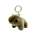 plush wombat shape; brown and beige colours; metal key ring attachment; soft fabric texture;