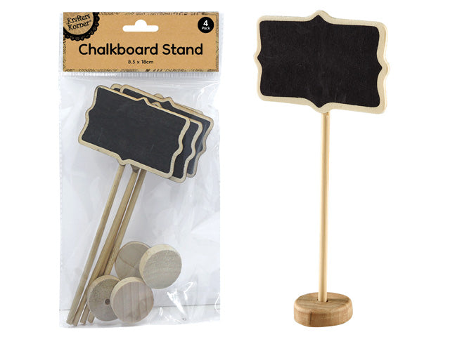 pack of 4 chalkboard stands; rectangular chalkboard shape with scalloped edges; natural wood frame and round base; black chalkboard writing surface;