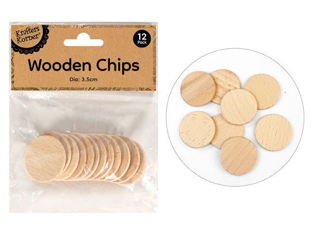 round wooden discs; natural light wood colour; pack of 12; 3.5cm diameter; smooth surface;