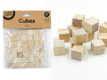 packaged set of 49 small wooden cubes; natural light wood colour; cubes measure approximately 1.5cm each; clear plastic packaging with cardboard label; label text 'Cubes 1.5cm';