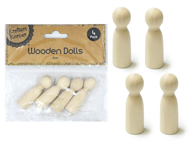 Natural light wood colour; Smooth wood surface; 4 dolls in pack; 5cm height dolls;