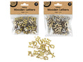 packaging shows 78 pieces; wooden letters with gold and silver glitter; letters approx. 1.5cm height; mixed uppercase letters in natural wood colour;