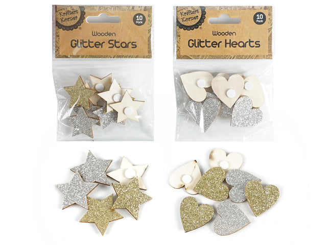 natural wood shapes with glitter on one side; star and heart shapes available; gold and silver glitter colours; packaging with Kraft-style header card; 10 pieces per pack;