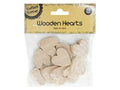 natural light wood colour; heart shape; pack contains 10 pieces; packaging with cardboard header labelled 'Wooden Hearts'; size noted as 3 x 3 cm on packaging;