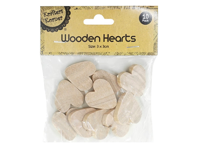 natural light wood colour; heart shape; pack contains 10 pieces; packaging with cardboard header labelled 'Wooden Hearts'; size noted as 3 x 3 cm on packaging;