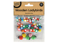 small wooden ladybugs; multiple bright colours; assorted sizes; packaging with cardboard header; 50 pieces in clear plastic bag;
