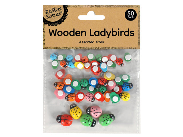 small wooden ladybugs; multiple bright colours; assorted sizes; packaging with cardboard header; 50 pieces in clear plastic bag;