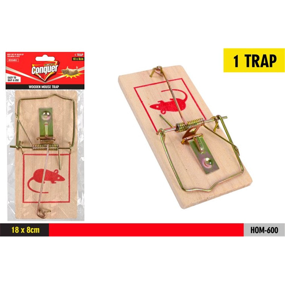 wooden base with printed red mouse icon; metal spring mechanism; trap size 18x8cm; packaged in clear plastic with cardboard header;