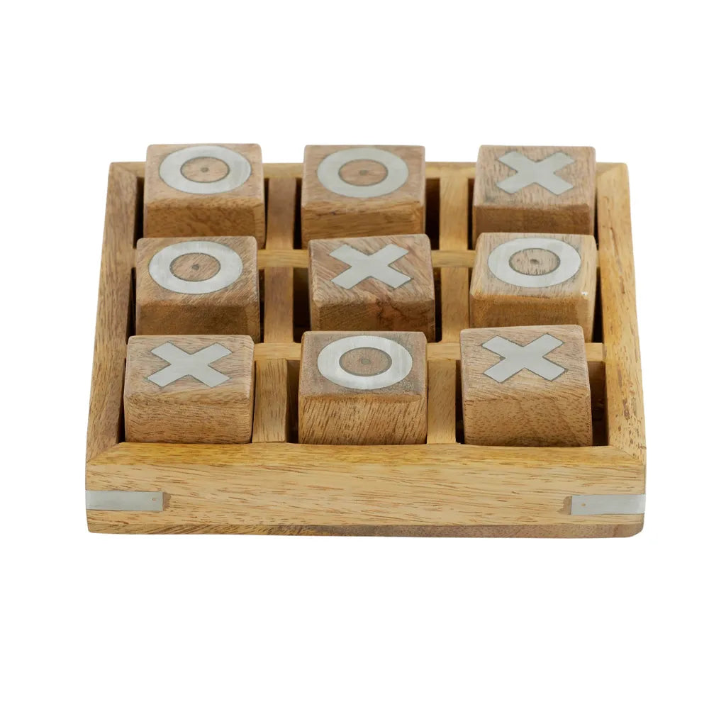 natural wood material; silver inlay on X and O; compact square wooden frame; wooden cubic game pieces;