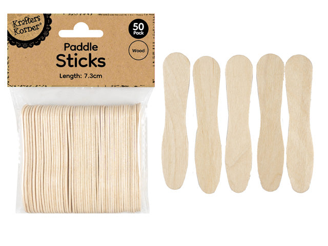 natural wood colour; paddle-shaped stick; 50 sticks in pack; 7.3 cm length; flat with rounded ends;