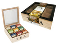 wooden box with light natural finish; black frame lid with clear window; nine compartments inside the box; "TEA" printed on the front side;
