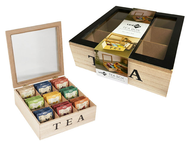 wooden box with light natural finish; black frame lid with clear window; nine compartments inside the box; "TEA" printed on the front side;