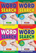 A5 size puzzle book; Colourful covers in red, green, pink, yellow backgrounds; Title 'WORD SEARCH' in large letters; Image of hand circling words on a puzzle page; Each book labelled with BOOK-5, BOOK-6, BOOK-7, BOOK-8;