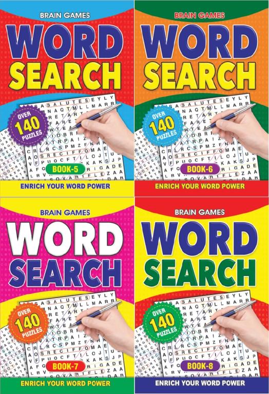 A5 size puzzle book; Colourful covers in red, green, pink, yellow backgrounds; Title 'WORD SEARCH' in large letters; Image of hand circling words on a puzzle page; Each book labelled with BOOK-5, BOOK-6, BOOK-7, BOOK-8;