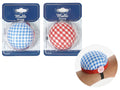 Round pin cushion approx. 6.5cm diameter; Elastic band to fit around wrist; Gingham check fabric pattern; Available in red or blue colour;