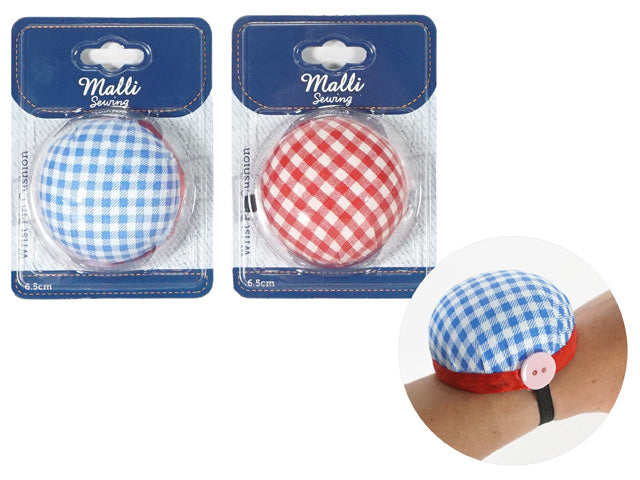 Round pin cushion approx. 6.5cm diameter; Elastic band to fit around wrist; Gingham check fabric pattern; Available in red or blue colour;