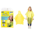 yellow transparent poncho; hood with drawstring; packaging shows size 89 x 152 cm; heat sealed seams; poncho worn by child model;