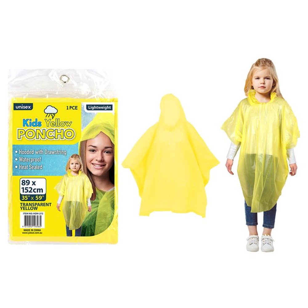 yellow transparent poncho; hood with drawstring; packaging shows size 89 x 152 cm; heat sealed seams; poncho worn by child model;