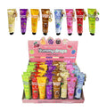 Colourful slim tubes with fruit-themed designs; Each tube has an attached keychain charm in various shapes; Multiple scent names visible on tubes (e.g., Creamy Vanilla, Violet Candy); Tubes arranged in pink display box labelled 'Beauty Story'; Bright, assorted colours including green, red, yellow, purple, brown, blue, and pink;
